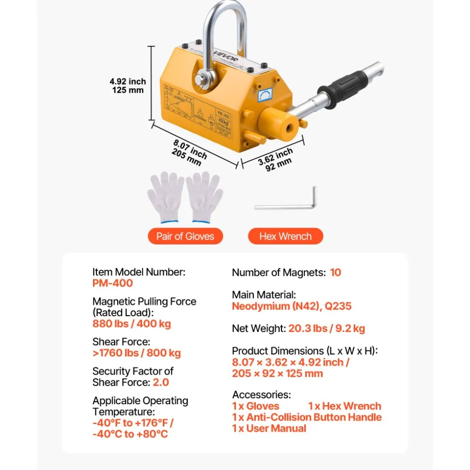 VEVOR Permanent Magnetic Lifter, 880 lbs Pulling Capacity, Heavy Duty N42 Neodymium Lifting Magnet with Release Handle and Steel Hook, Used in Shop Crane and Hoist, for Lifting Plate Steel, Board
