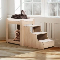 VEVOR Pet Bunk Bed with Stairs, Dog/Cat Window Perch, Multi-Level Bed Window Perch Dog Bedside Sleeper, Lounge Elevated Seat Platform with Foam Cushion,Pet Bed Couch for Bedside Indoor Use (Beige)