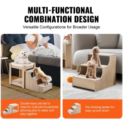 VEVOR Pet Bunk Bed with Stairs, Dog/Cat Window Perch, Multi-Level Bed Window Perch Dog Bedside Sleeper, Lounge Elevated Seat Platform with Foam Cushion,Pet Bed Couch for Bedside Indoor Use (Beige)
