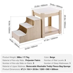 VEVOR Pet Bunk Bed with Stairs, Dog/Cat Window Perch, Multi-Level Bed Window Perch Dog Bedside Sleeper, Lounge Elevated Seat Platform with Foam Cushion,Pet Bed Couch for Bedside Indoor Use (Beige)
