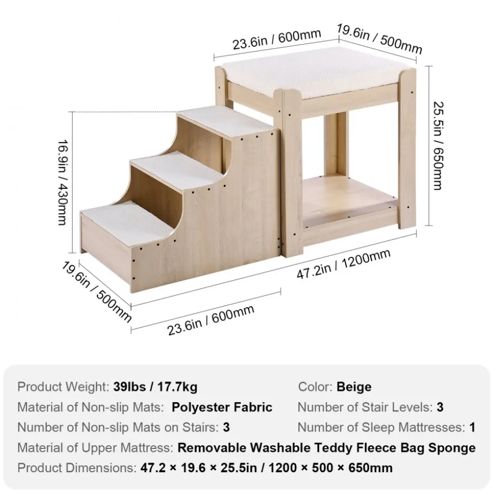 VEVOR Pet Bunk Bed with Stairs, Dog/Cat Window Perch, Multi-Level Bed Window Perch Dog Bedside Sleeper, Lounge Elevated Seat Platform with Foam Cushion,Pet Bed Couch for Bedside Indoor Use (Beige)