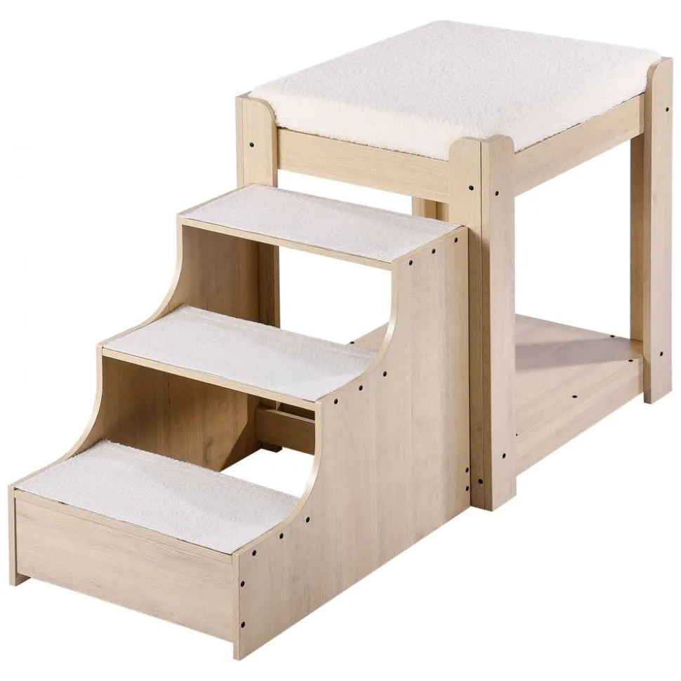 VEVOR Pet Bunk Bed with Stairs, Dog/Cat Window Perch, Multi-Level Bed Window Perch Dog Bedside Sleeper, Lounge Elevated Seat Platform with Foam Cushion,Pet Bed Couch for Bedside Indoor Use (Beige)