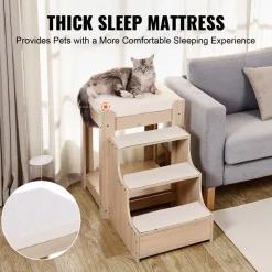 VEVOR Pet Bunk Bed with Stairs, Dog/Cat Window Perch, Multi-Level Bed Window Perch Dog Bedside Sleeper, Lounge Elevated Seat Platform with Foam Cushion,Pet Bed Couch for Bedside Indoor Use (Beige)