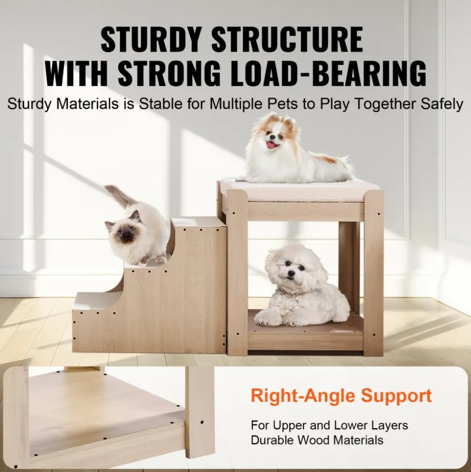 VEVOR Pet Bunk Bed with Stairs, Dog/Cat Window Perch, Multi-Level Bed Window Perch Dog Bedside Sleeper, Lounge Elevated Seat Platform with Foam Cushion,Pet Bed Couch for Bedside Indoor Use (Beige)
