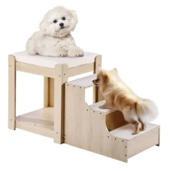 VEVOR Pet Bunk Bed with Stairs, Dog/Cat Window Perch, Multi-Level Bed Window Perch Dog Bedside Sleeper, Lounge Elevated Seat Platform with Foam Cushion,Pet Bed Couch for Bedside Indoor Use (Beige)