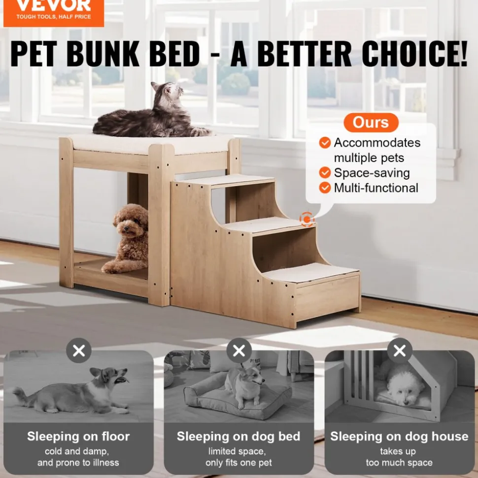 VEVOR Pet Bunk Bed with Stairs, Dog/Cat Window Perch, Multi-Level Bed Window Perch Dog Bedside Sleeper, Lounge Elevated Seat Platform with Foam Cushion,Pet Bed Couch for Bedside Indoor Use (Beige)