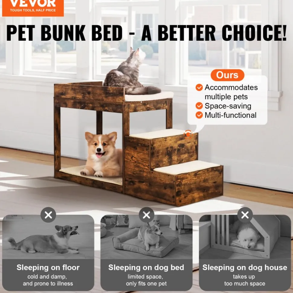 VEVOR Pet Bunk Bed with Stairs, Dog/Cat Window Perch for High Beds and Couches, Medium Multi-Level 3 Step Dog Seat Platform Sleeper Couch, Practical for Modern Homes (Rustic Brown)