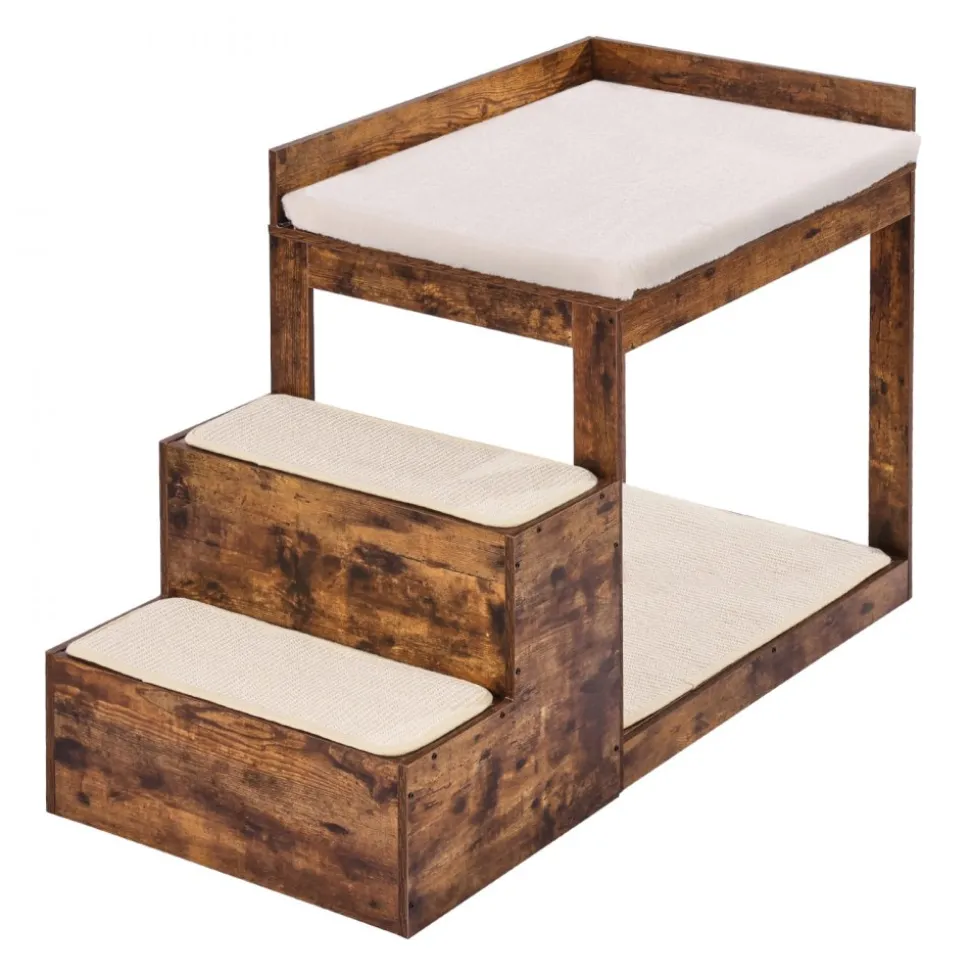 VEVOR Pet Bunk Bed with Stairs, Dog/Cat Window Perch for High Beds and Couches, Medium Multi-Level 3 Step Dog Seat Platform Sleeper Couch, Practical for Modern Homes (Rustic Brown)