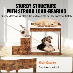 VEVOR Pet Bunk Bed with Stairs, Dog/Cat Window Perch for High Beds and Couches, Medium Multi-Level 3 Step Dog Seat Platform Sleeper Couch, Practical for Modern Homes (Rustic Brown)