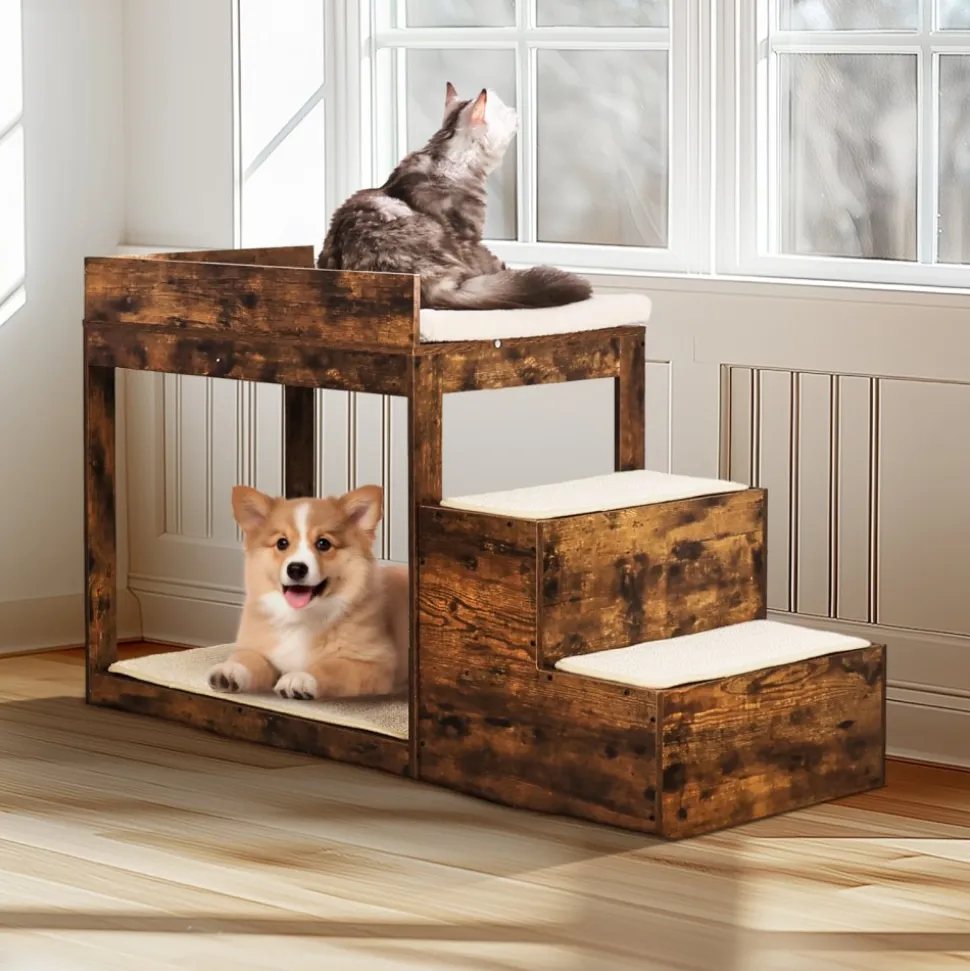 VEVOR Pet Bunk Bed with Stairs, Dog/Cat Window Perch for High Beds and Couches, Medium Multi-Level 3 Step Dog Seat Platform Sleeper Couch, Practical for Modern Homes (Rustic Brown)