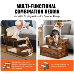 VEVOR Pet Bunk Bed with Stairs, Dog/Cat Window Perch for High Beds and Couches, Medium Multi-Level 3 Step Dog Seat Platform Sleeper Couch, Practical for Modern Homes (Rustic Brown)