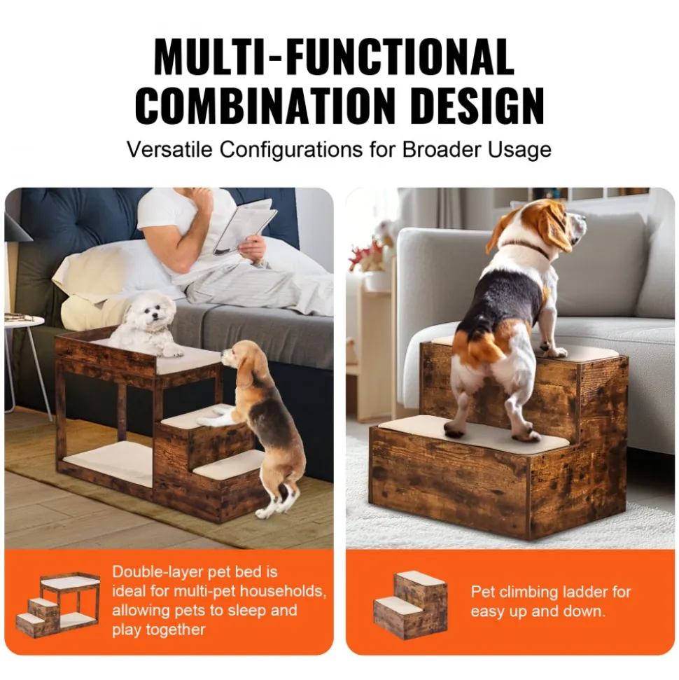 VEVOR Pet Bunk Bed with Stairs, Dog/Cat Window Perch for High Beds and Couches, Medium Multi-Level 3 Step Dog Seat Platform Sleeper Couch, Practical for Modern Homes (Rustic Brown)