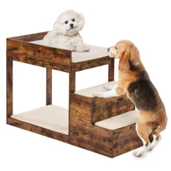 VEVOR Pet Bunk Bed with Stairs, Dog/Cat Window Perch for High Beds and Couches, Medium Multi-Level 3 Step Dog Seat Platform Sleeper Couch, Practical for Modern Homes (Rustic Brown)