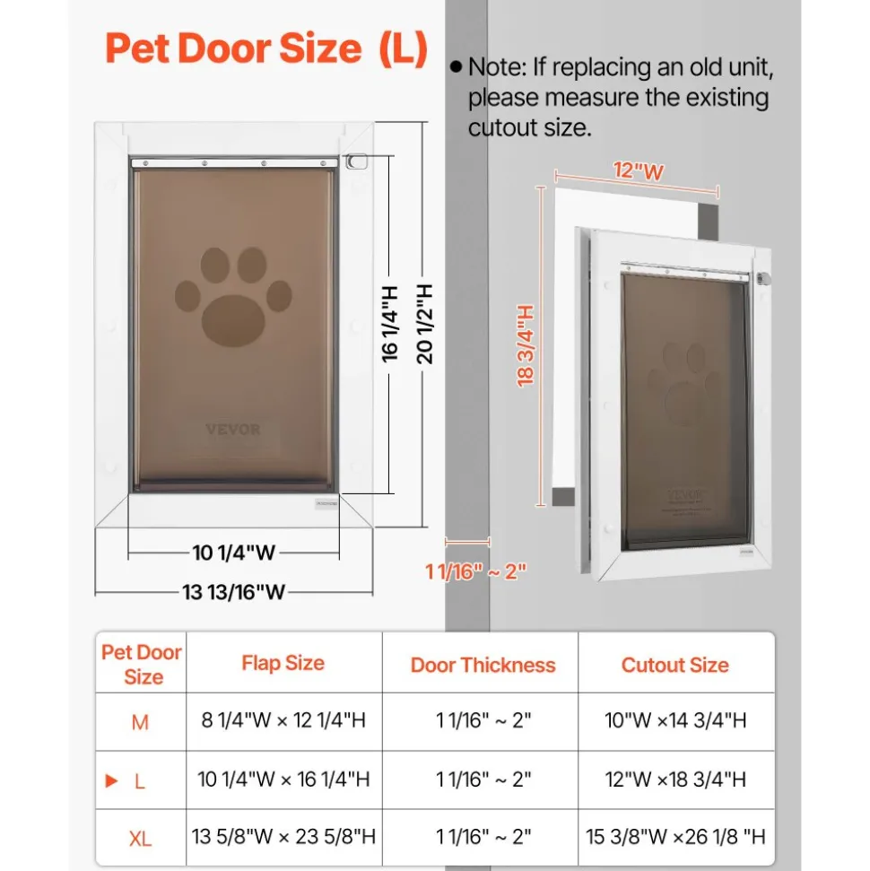 VEVOR Pet Door, Large, with Double Magnetic Flaps and Metal Frame, Strong and Weatherproof Dog Door for Interior and Exterior Doors, Easy to Install, Easy In-and-Out Access for Doggies, White