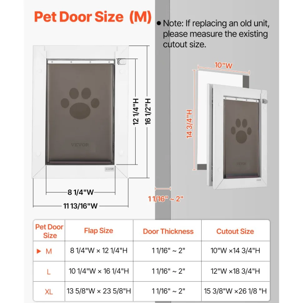VEVOR Pet Door, Medium, with Three Magnetic Flaps and Metal Frame, Strong and Weatherproof Dog Door for Interior and Exterior Doors, Easy to Install, Easy In-and-Out Access for Doggies, White