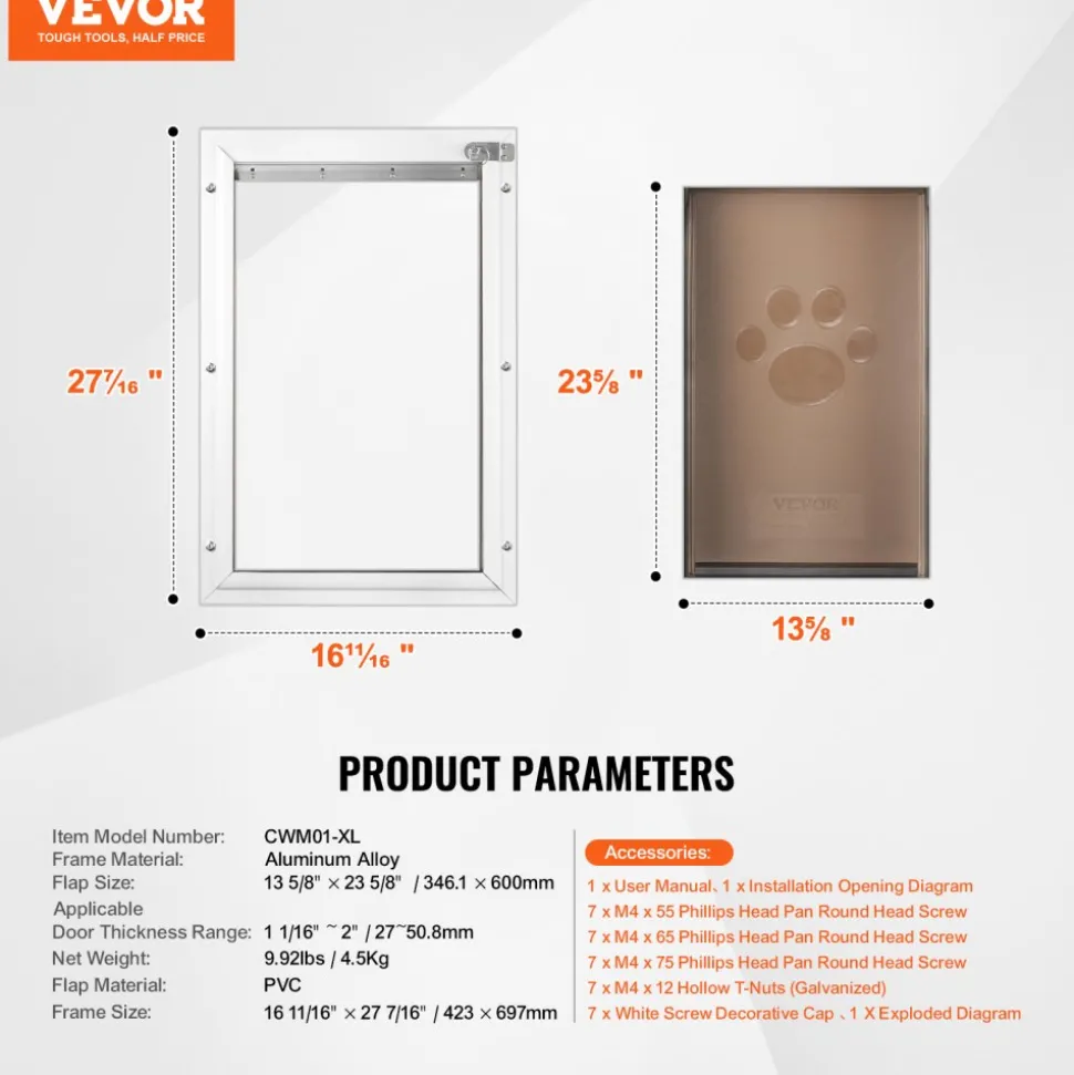 VEVOR Pet Door, 16.65" x 27.44" Aluminum Frame with Lock and Flap System, Weatherproof Doggy Door, Easy to Install in Interior or Exterior Doors, Pet Door Suitable for Cat Doggie Kitties (White-XL)