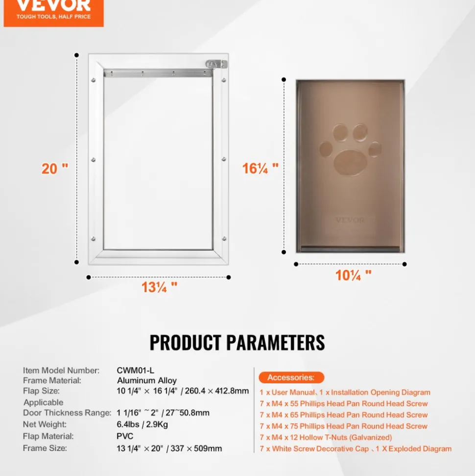 VEVOR Pet Door, 13.27" x 20.04" Aluminum Frame with Lock and Flap System, Weatherproof Doggy Door, Easy to Install in Interior or Exterior Doors, Pet Door Suitable for Cat Doggie Kitties (White-L)