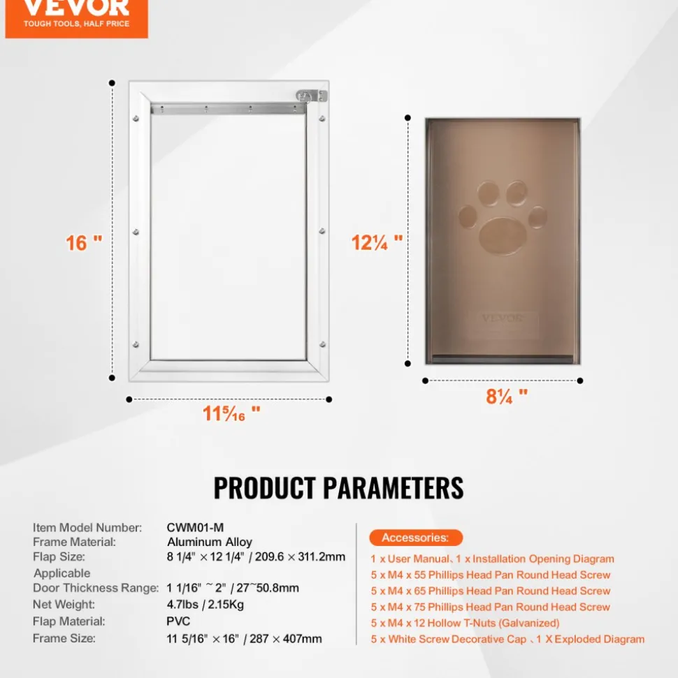 VEVOR Pet Door, 11.3" x 16.02" Aluminum Frame with Lock and Flap System, Weatherproof Doggy Door, Easy to Install in Interior or Exterior Doors, Pet Door Suitable for Cat Doggie Kitties (White-M)