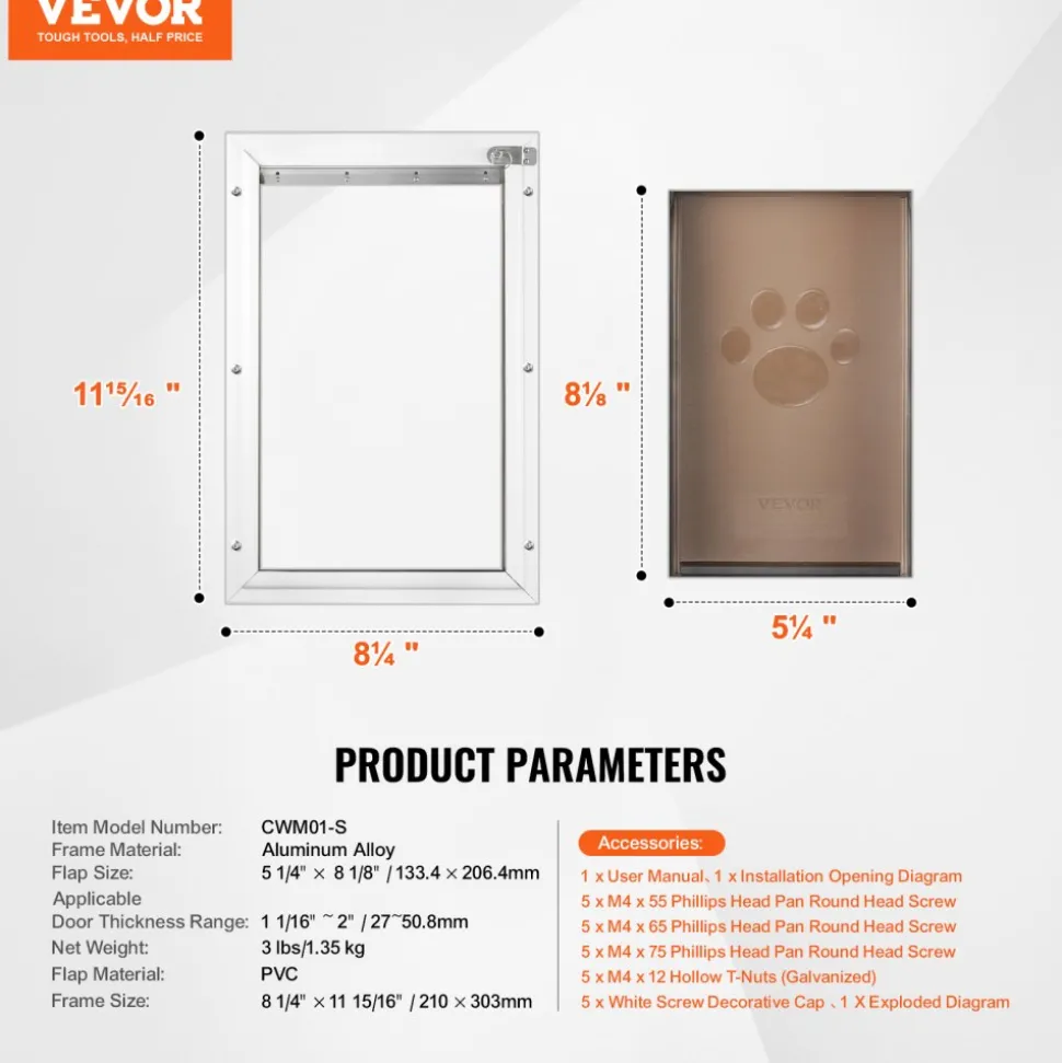 VEVOR Pet Door, 8.27" x 11.93" Aluminum Frame with Lock and Flap System, Weatherproof Doggy Door, Easy to Install in Interior or Exterior Doors, Pet Door Suitable for Cat Doggie Kitties (White-Small)
