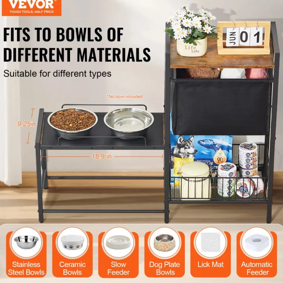 VEVOR Pet Feeding Station with Storage, Elevated Dog Bowls, Raised Dog Bowl Stand, Dog Food Storage and Feeder Station with Storage Shelves, Pet Toy Storage Organizer, for Large Medium Small Dogs