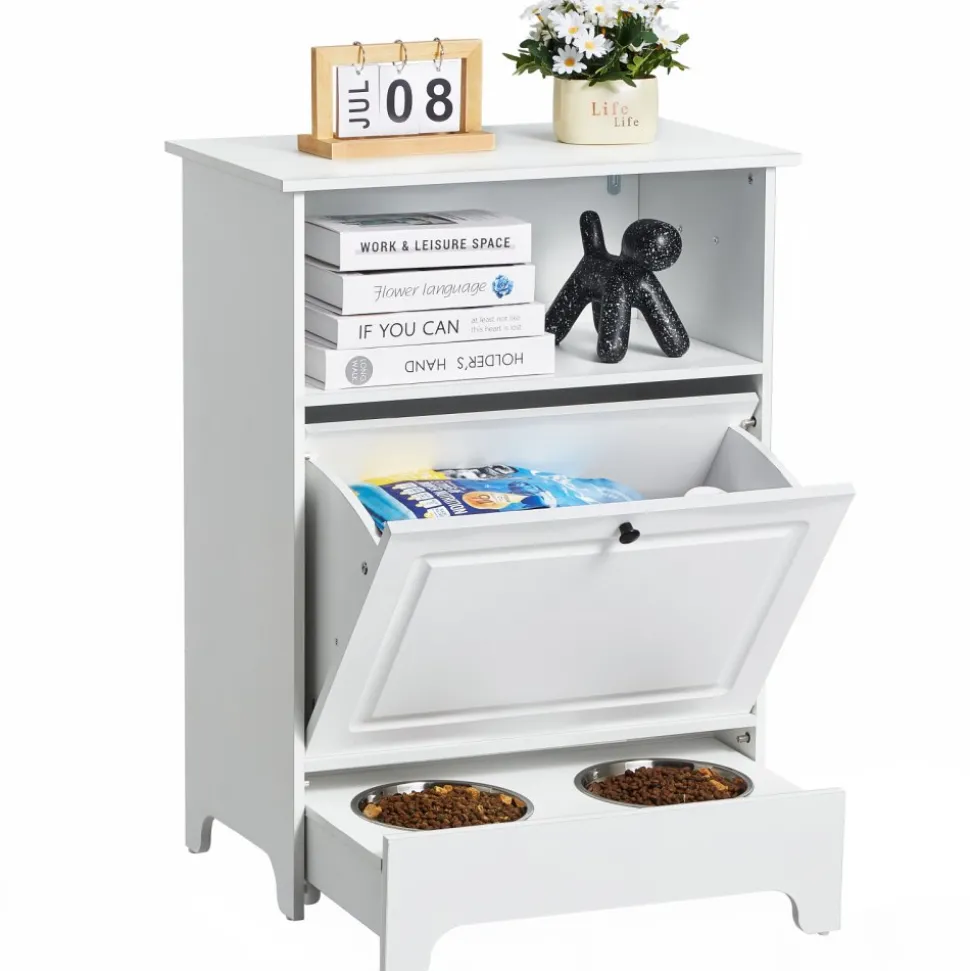 VEVOR Pet Feeding Station with 2 Stainless Steel Bowls, Elevated Dog Bowls with Storage, Dog Food Storage and Feeder Station with Tilt Out Storage Cabinet, Pet Toy Storage Organizer, for Small Dogs