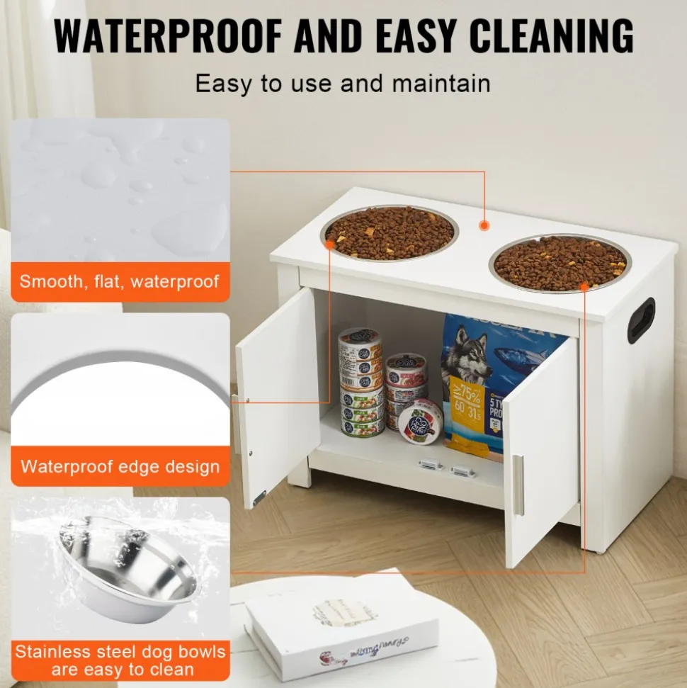 VEVOR Pet Feeding Station with 2 Stainless Steel Bowls, Elevated Dog Bowls with Storage, Dog Food Storage and Feeder Station with Storage Cabinet, Pet Toy Storage Organizer, for Dogs, Modern