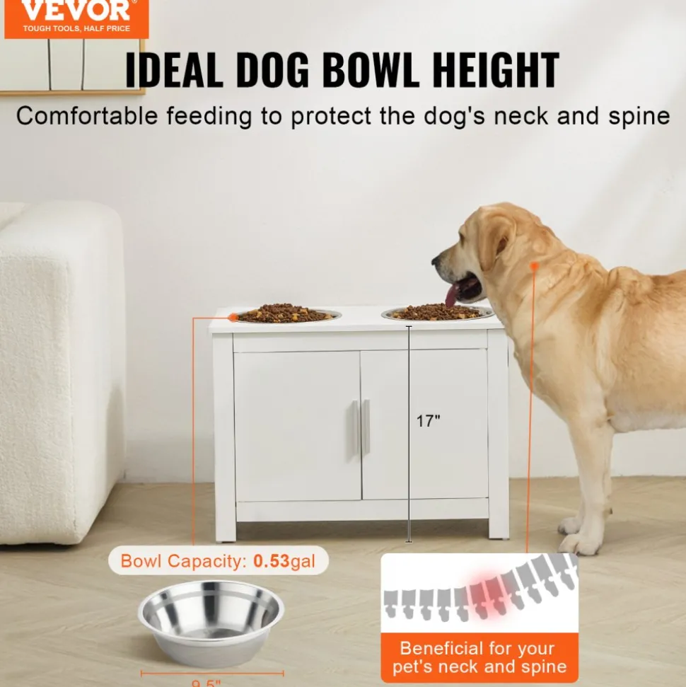 VEVOR Pet Feeding Station with 2 Stainless Steel Bowls, Elevated Dog Bowls with Storage, Dog Food Storage and Feeder Station with Storage Cabinet, Pet Toy Storage Organizer, for Dogs, Modern