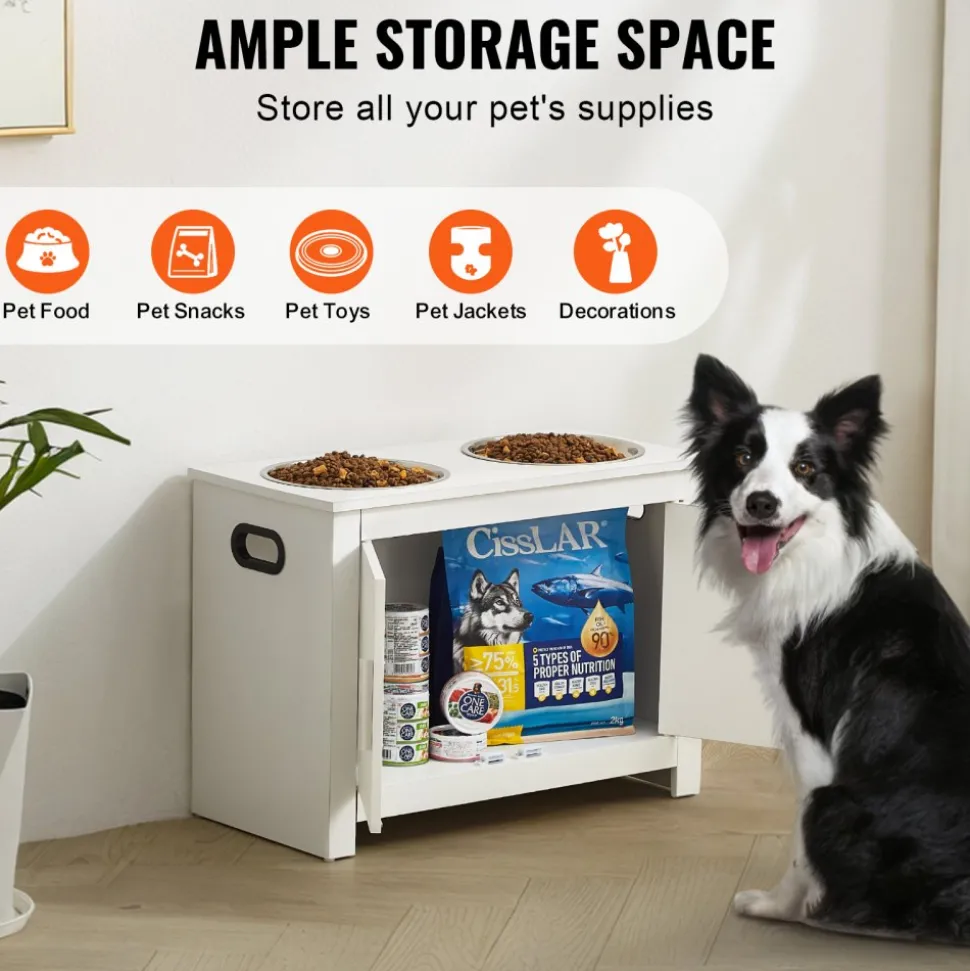 VEVOR Pet Feeding Station with 2 Stainless Steel Bowls, Elevated Dog Bowls with Storage, Dog Food Storage and Feeder Station with Storage Cabinet, Pet Toy Storage Organizer, for Dogs, Modern