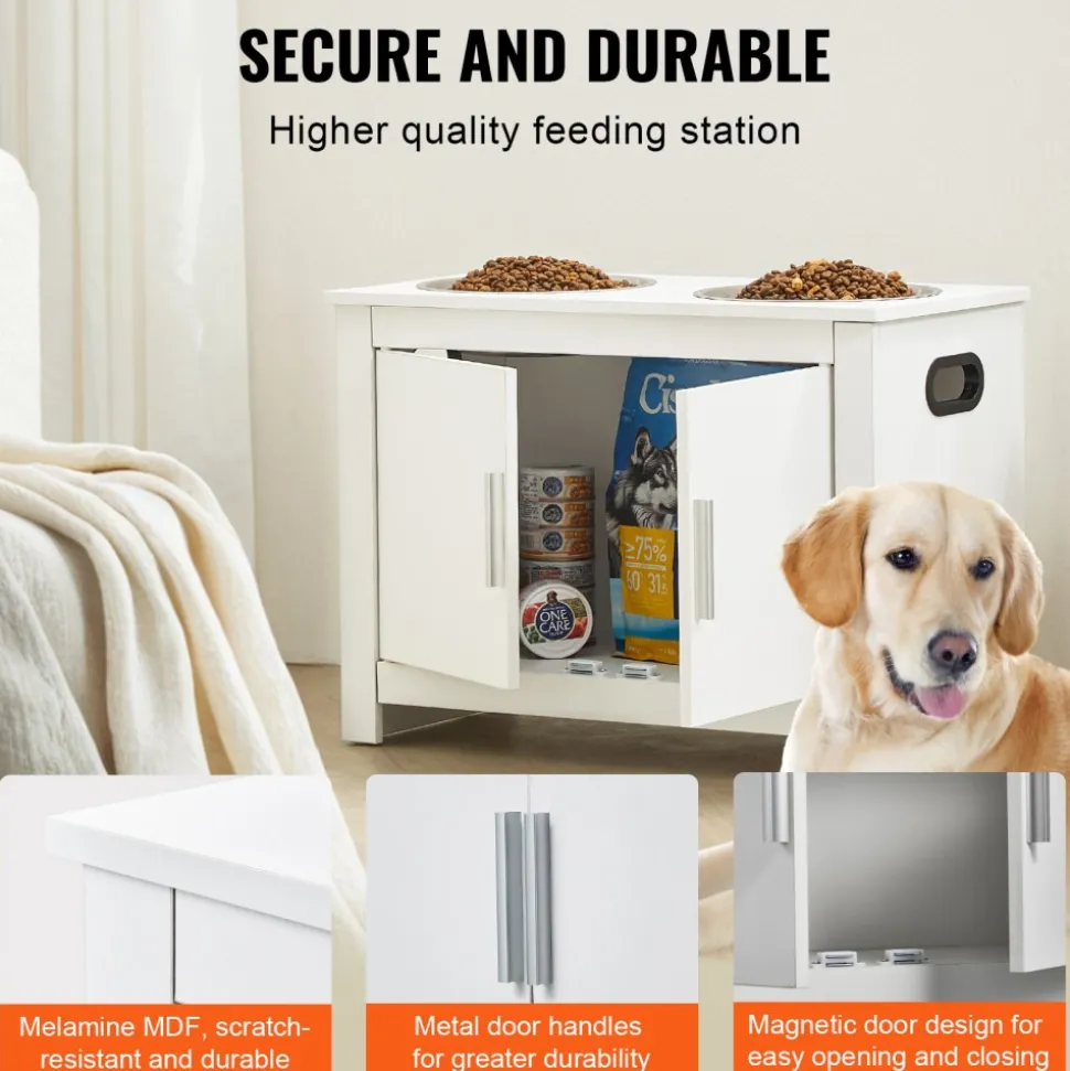 VEVOR Pet Feeding Station with 2 Stainless Steel Bowls, Elevated Dog Bowls with Storage, Dog Food Storage and Feeder Station with Storage Cabinet, Pet Toy Storage Organizer, for Dogs, Modern