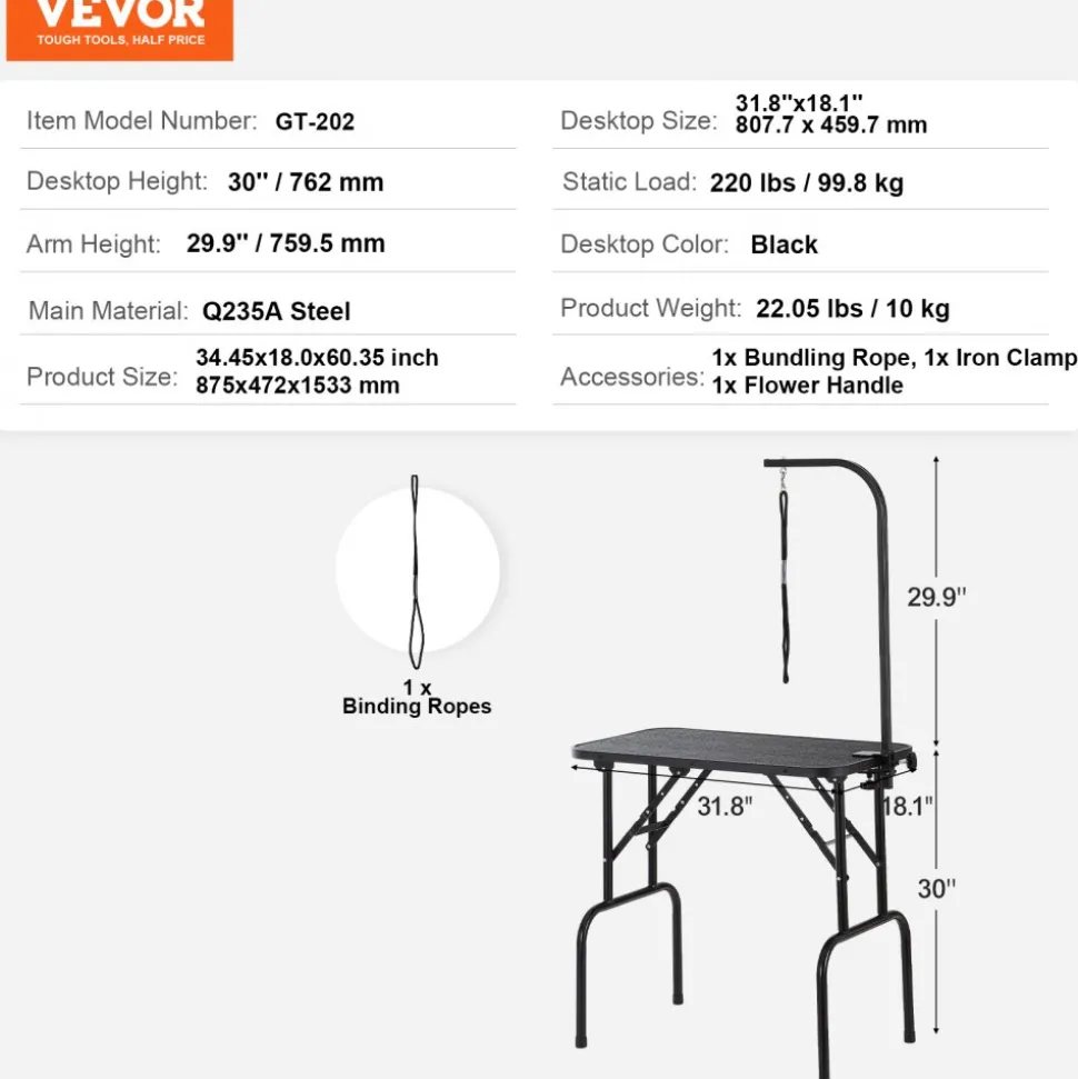 VEVOR Pet Grooming Table Arm with Clamp, 32''x18'' Dog Grooming Station, Foldable Pets Grooming Stand for Medium and Small Dogs, Free No Sit Haunch Holder with Grooming Loop, Bearing 220lbs