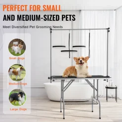 VEVOR Pet Grooming Table Two Arms with Clamp, 46'' Dog Grooming Station, Foldable Pets Grooming Stand for Medium and Small Dogs, Free No Sit Haunch Holder with Grooming Loop, Bearing 330lbs