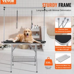 VEVOR Pet Grooming Table Two Arms with Clamp, 46'' Dog Grooming Station, Foldable Pets Grooming Stand for Medium and Small Dogs, Free No Sit Haunch Holder with Grooming Loop, Bearing 330lbs