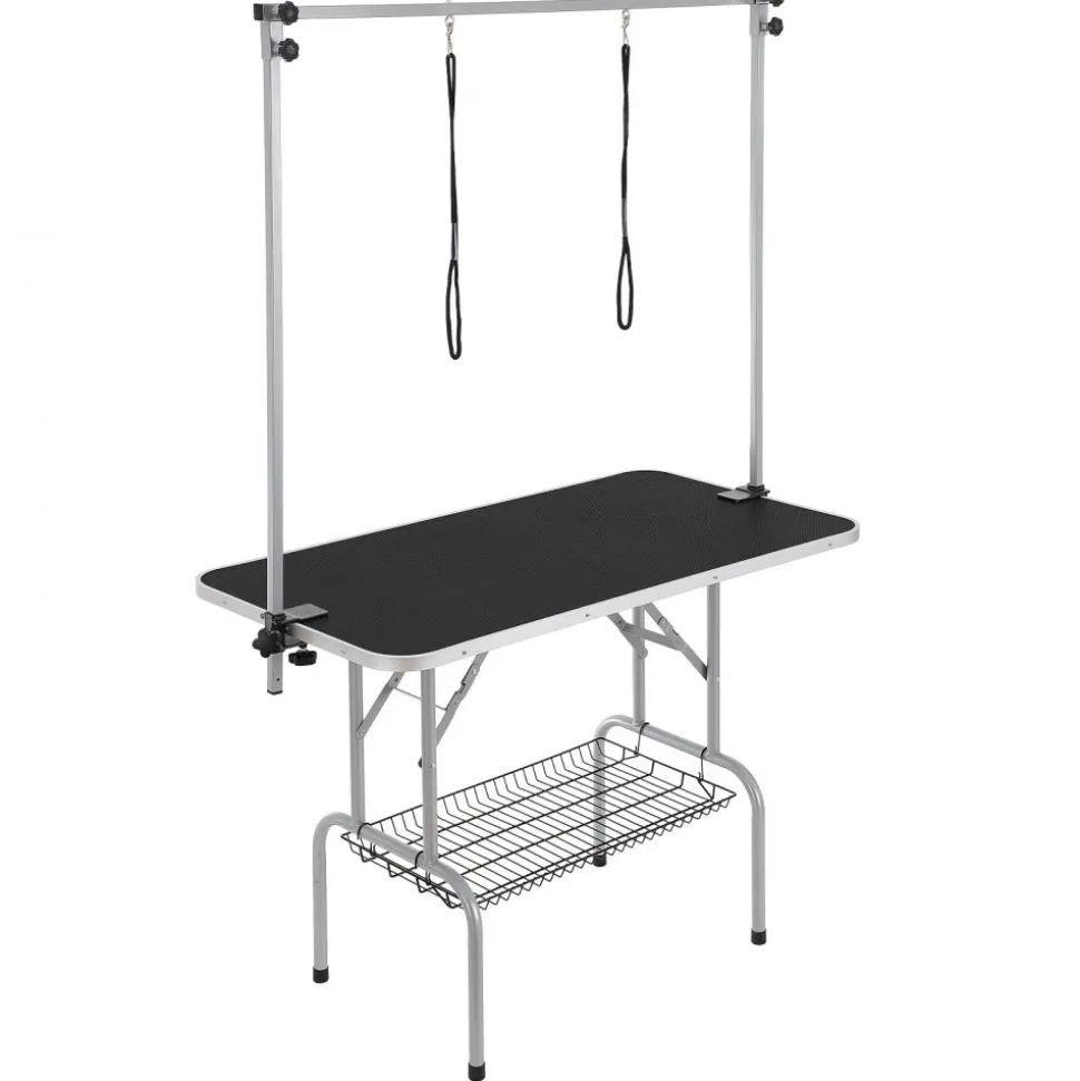 VEVOR Pet Grooming Table Two Arms with Clamp, 46'' Dog Grooming Station, Foldable Pets Grooming Stand for Medium and Small Dogs, Free No Sit Haunch Holder with Grooming Loop, Bearing 330lbs