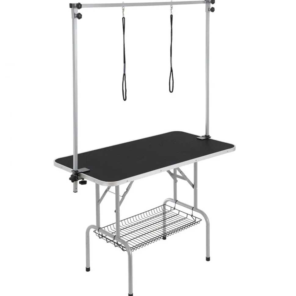 VEVOR Pet Grooming Table Two Arms with Clamp, 46'' Dog Grooming Station, Foldable Pets Grooming Stand for Medium and Small Dogs, Free No Sit Haunch Holder with Grooming Loop, Bearing 330lbs