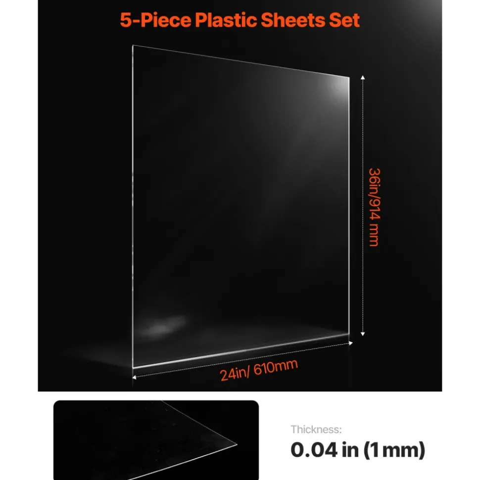 VEVOR PET/Plexiglass Sheets, 5-Pack Plastic Sheet, 24 x 36 Inch 0.04 Inch Thick Transparent Clear Flexible Plastic Panels for Craft, Replacement Picture Frame Glass, DIY Display Project, Easy to Cut