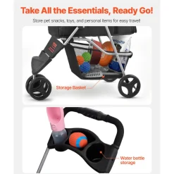 VEVOR Pet Stroller, 35 lbs Weight Capacity, Foldable Dog Stroller Cart, 3 Wheels Cats Stroller with Mesh Windows and Cup Holders, Portable Pet Carrier Stroller with Brake, for Small to Medium Pets