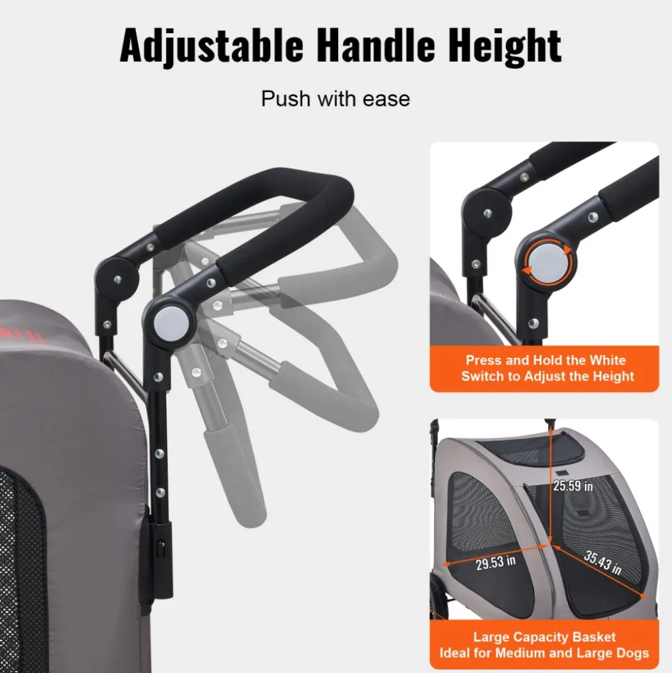 VEVOR Pet Stroller, 4 Wheels Dog Stroller with Brakes, 160lbs Weight Capacity, Portable Puppy Stroller Carrier with Breathable Mesh Windows & Height-Adjustable Height, Animal Stroller for Cats & Dogs