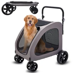 VEVOR Pet Stroller, 4 Wheels Dog Stroller with Brakes, 160lbs Weight Capacity, Portable Puppy Stroller Carrier with Breathable Mesh Windows & Height-Adjustable Height, Animal Stroller for Cats & Dogs