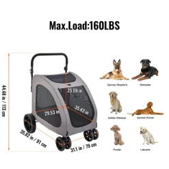 VEVOR Pet Stroller, 4 Wheels Dog Stroller with Brakes, 160lbs Weight Capacity, Portable Puppy Stroller Carrier with Breathable Mesh Windows & Height-Adjustable Height, Animal Stroller for Cats & Dogs