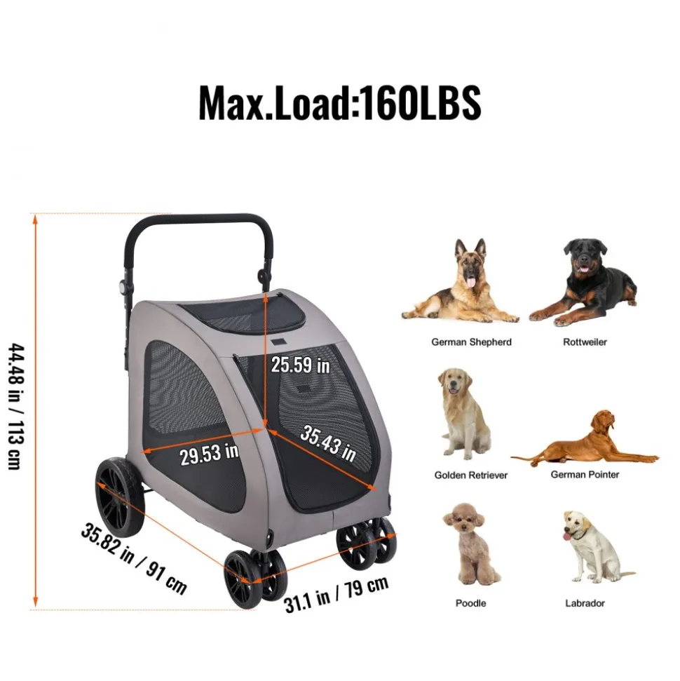 VEVOR Pet Stroller, 4 Wheels Dog Stroller with Brakes, 160lbs Weight Capacity, Portable Puppy Stroller Carrier with Breathable Mesh Windows & Height-Adjustable Height, Animal Stroller for Cats & Dogs