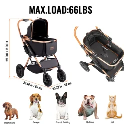 VEVOR Pet Stroller, 4 Wheels Dog Stroller Rotate with Brakes, 66 lbs Weight Capacity, Puppy Stroller with Detachable Carrier, Storage Basket and Pet Pad, for Small to Medium Sized Dogs, Black