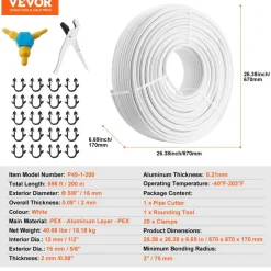 VEVOR PEX-AL-PEX Tube, 656ft, 5/8'' Diameter Aluminum-Plastic Composite Pipe Oxygen Barrier Radiant Floor PEX Pipe, 0.08'' Thickness Radiant Heat Floor Plumbing Inner Aluminum Layer PEX Tubing Pipe