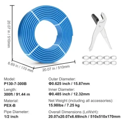 VEVOR PEX Pipe 1/2 Inch, 300 Feet Length PEX-B Flexible Pipe Tubing for Potable Water, Pex Water Lines for Hot/Cold Water & Easily Restore, Plumbing Applications with Free Cutter & Clamps ,Blue