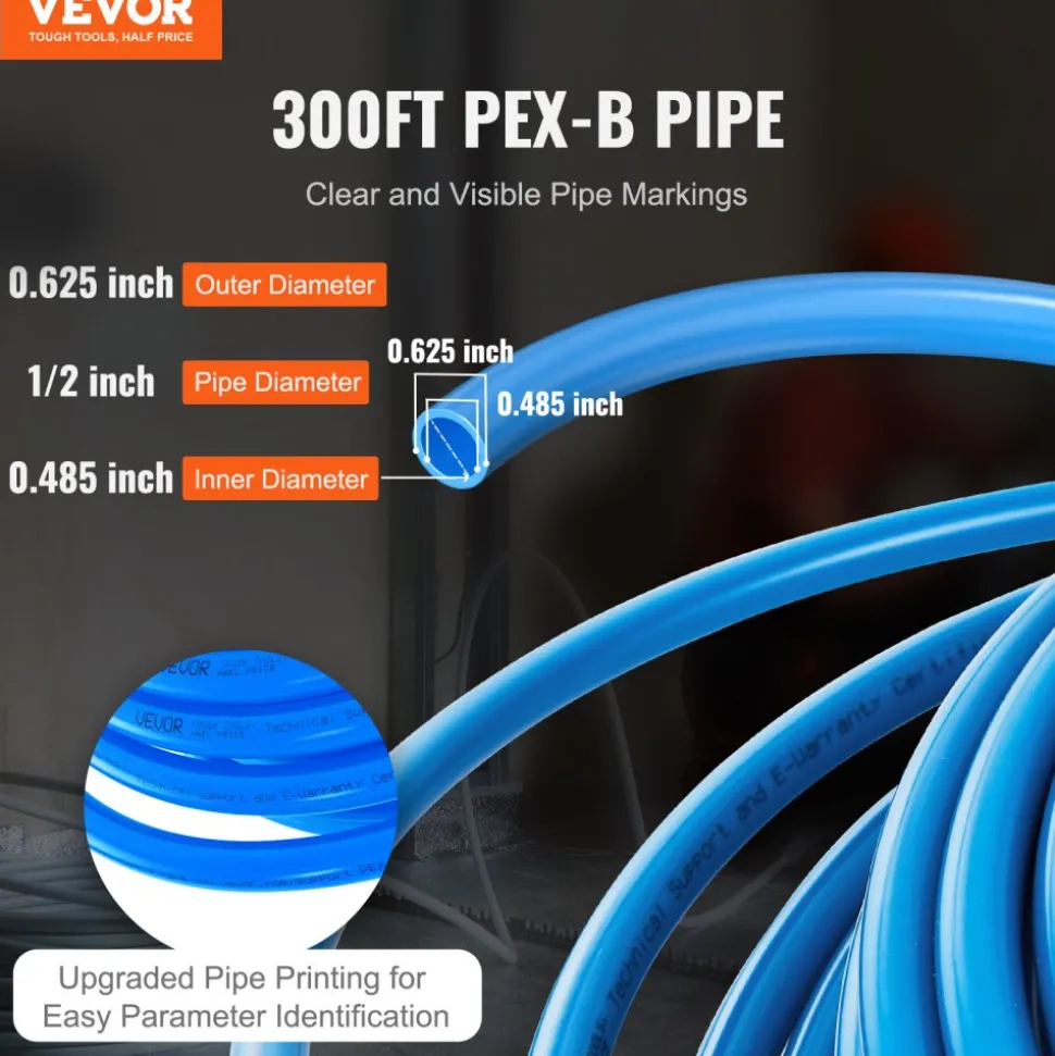 VEVOR PEX Pipe 1/2 Inch, 300 Feet Length PEX-B Flexible Pipe Tubing for Potable Water, Pex Water Lines for Hot/Cold Water & Easily Restore, Plumbing Applications with Free Cutter & Clamps ,Blue
