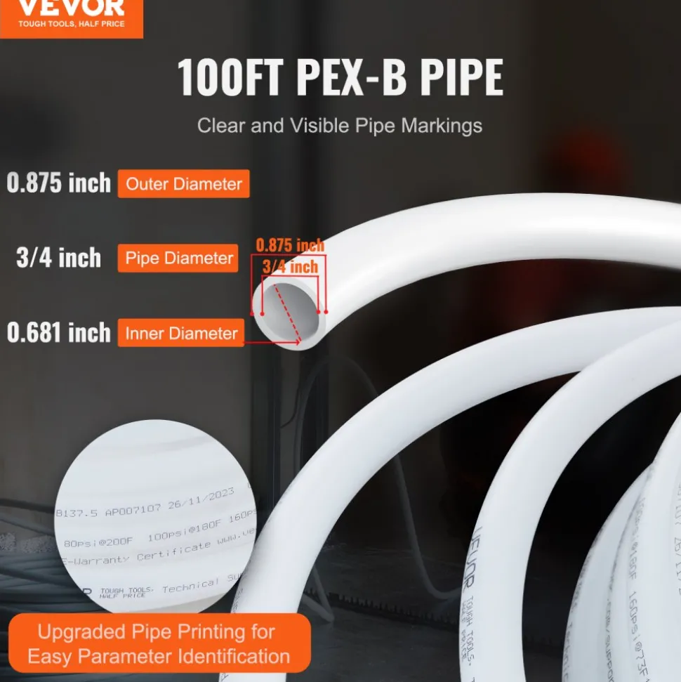 VEVOR PEX Pipe 3/4 Inch, 100 Feet Length PEX-B Flexible Pipe Tubing for Potable Water, Pex Water Lines for Hot/Cold Water & Easily Restore, Plumbing Applications with Free Cutter & Clamps ,White
