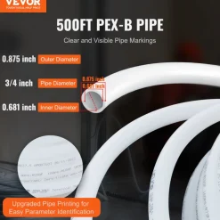 VEVOR PEX Pipe 3/4 Inch, 500 Feet Length PEX-B Flexible Pipe Tubing for Potable Water, Pex Water Lines for Hot/Cold Water & Easily Restore, Plumbing Applications with Free Cutter & Clamps ,White