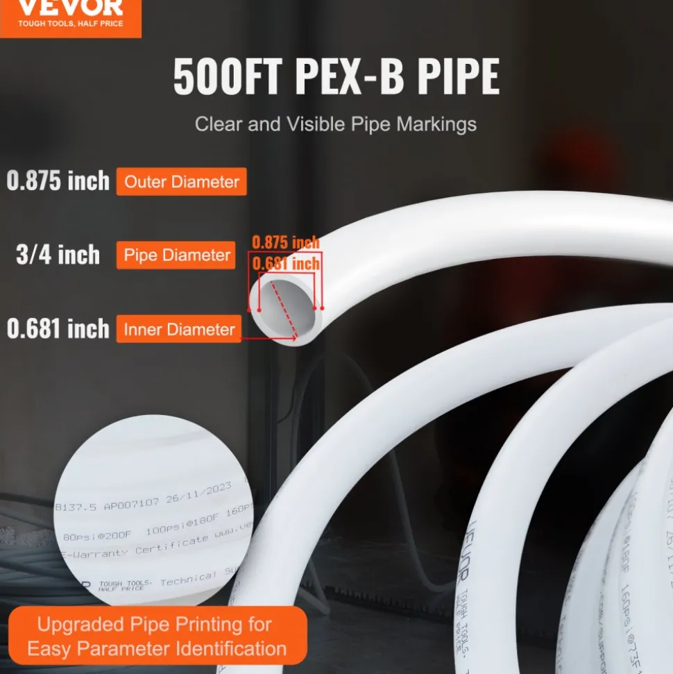 VEVOR PEX Pipe 3/4 Inch, 500 Feet Length PEX-B Flexible Pipe Tubing for Potable Water, Pex Water Lines for Hot/Cold Water & Easily Restore, Plumbing Applications with Free Cutter & Clamps ,White