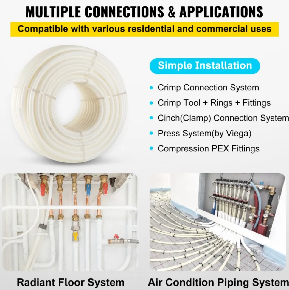 VEVOR PEX Pipe, 1 Inch x 500 FT PEX Tubing, Non Oxygen Barrier White PEX-B Pipe, Flexible PEX Water Line for RV Sewer Hose, Plumbing, Radiant Heating