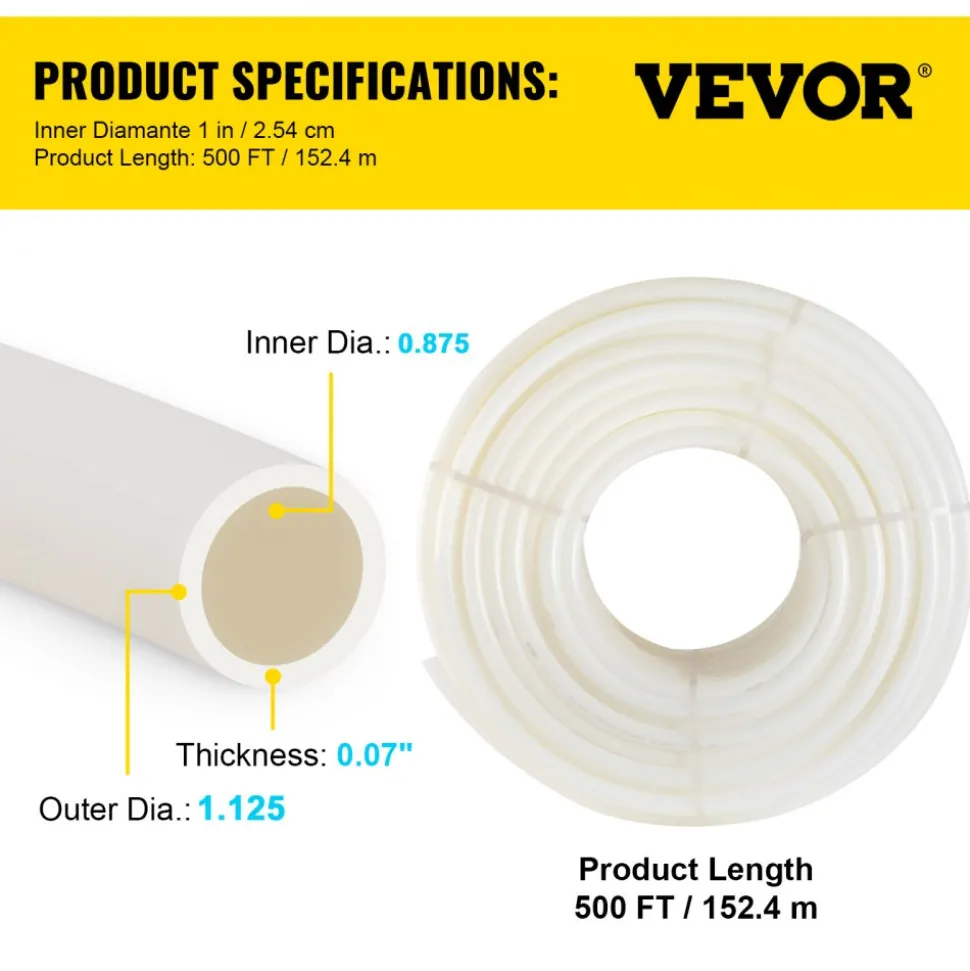 VEVOR PEX Pipe, 1 Inch x 500 FT PEX Tubing, Non Oxygen Barrier White PEX-B Pipe, Flexible PEX Water Line for RV Sewer Hose, Plumbing, Radiant Heating