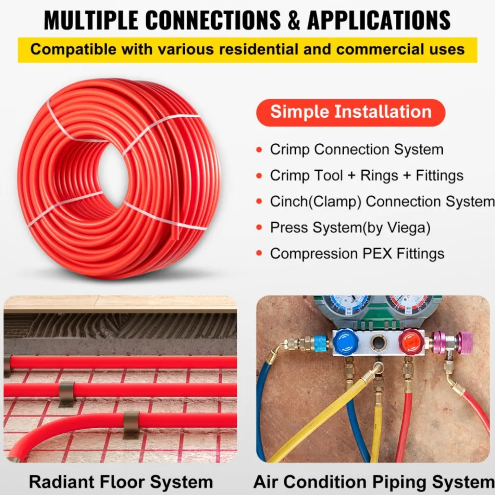 VEVOR PEX Pipe, 7/8 inch x 500 FT PEX Tubing, Non Oxygen Barrier Red PEX-B Pipe, Flexible PEX Water Line for RV Sewer Hose, Plumbing, Radiant Heating
